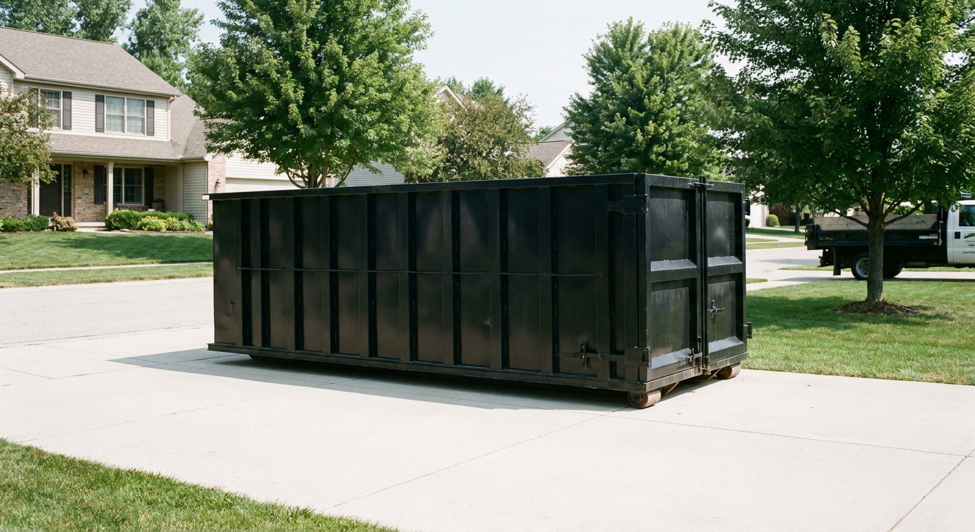 Matte-black 20-yard roll-off dumpster sitting level on a clean Westchester residential concrete driveway under bright daylight, demonstrating clean placement directly on the concrete.