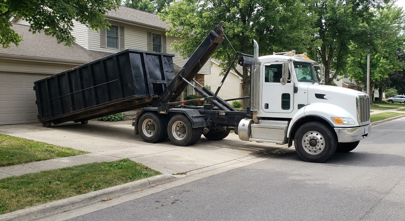 White-cab hooklift roll-off truck actively lowering a matte-black dumpster onto a Westchester residential concrete driveway, the dumpster's rear wheels touching the driveway as the hoist arm tilts the bed forward, mid-morning daylight.