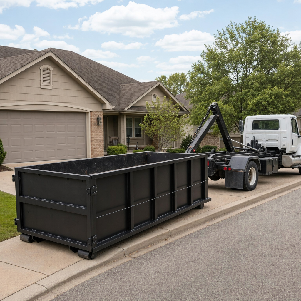 Wide documentary shot of a matte-black roll-off dumpster on a Westchester residential driveway in the foreground and a contractor jobsite container in the soft-focus background, bright daylight, calm and orderly composition.