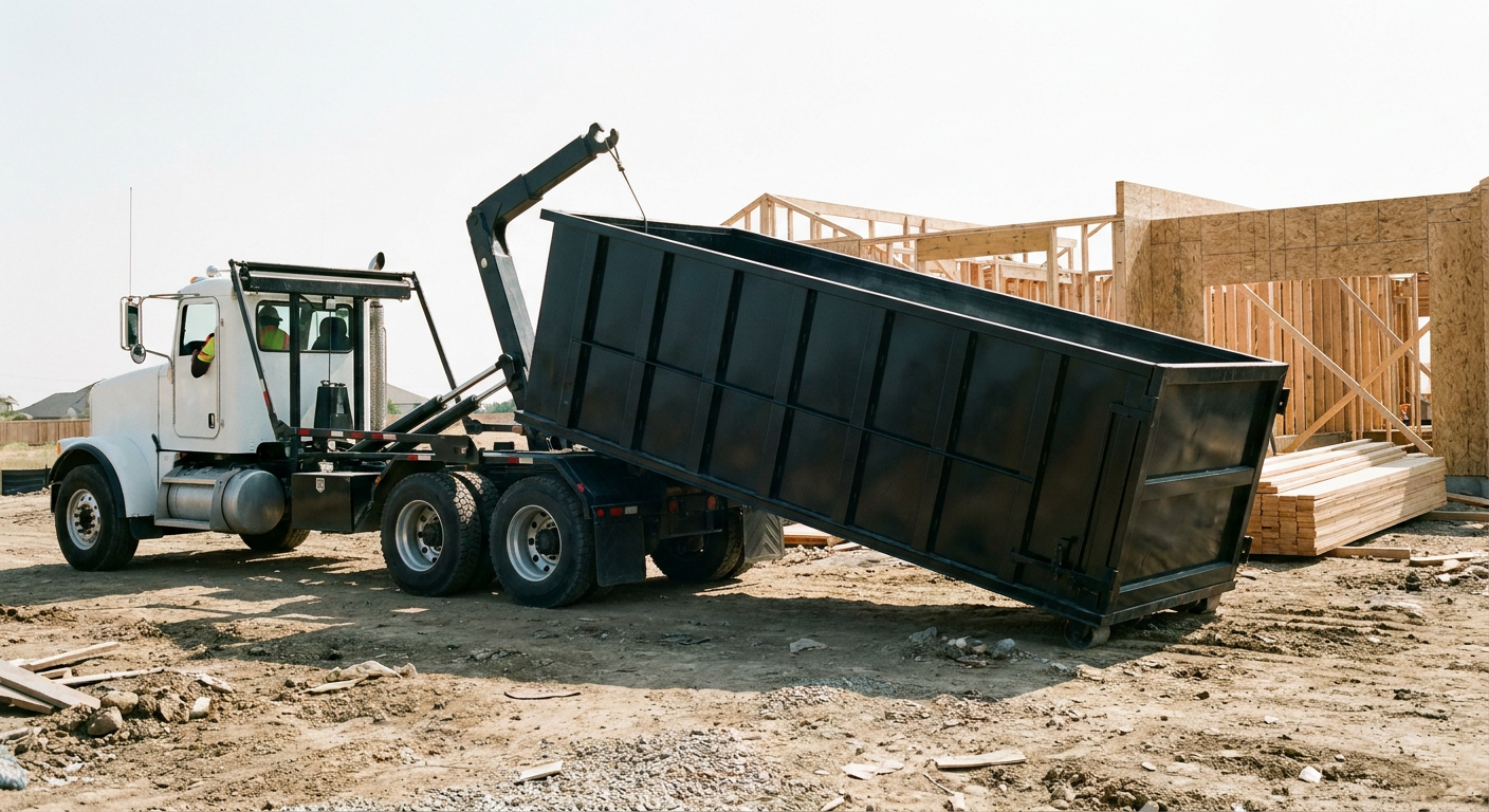 Matte-black roll-off dumpster being delivered onto a clean residential concrete driveway in Westchester by an unmarked white hooklift hauler truck, bright morning daylight, documentary 35mm perspective.